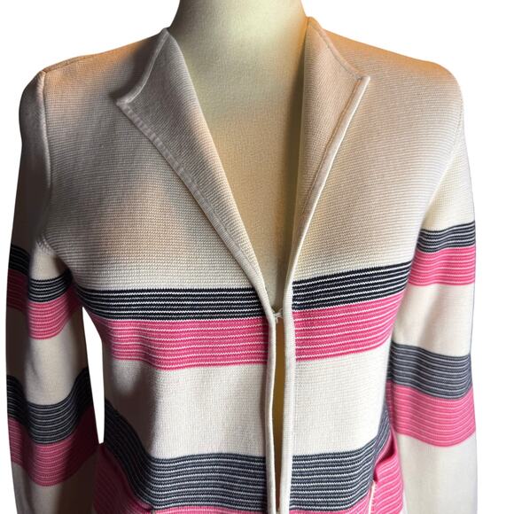 Talbots Striped Knit Preppy Blazer Jacket, Coral, Novy and Ivory, Size XS, NWT - Picture 5 of 6